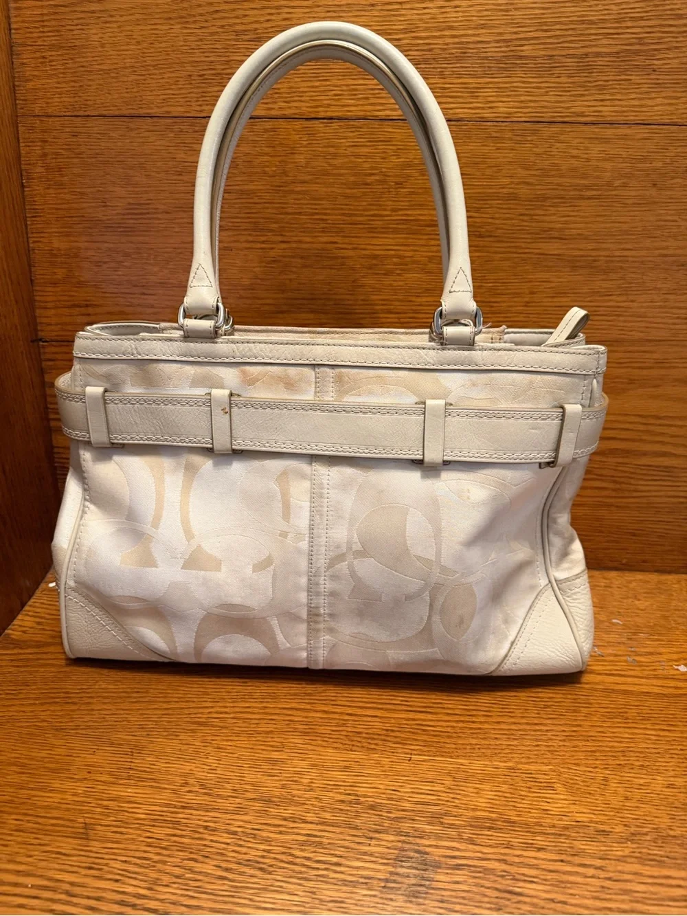Coach Hampton Optic Signature Carryall Cream & Tan Leather-Trim Satchel Handbag